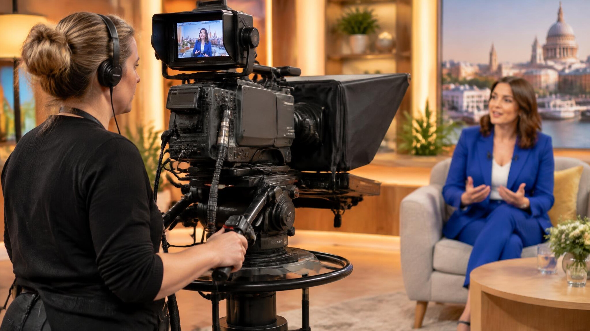 Cameraman filming a studio interview