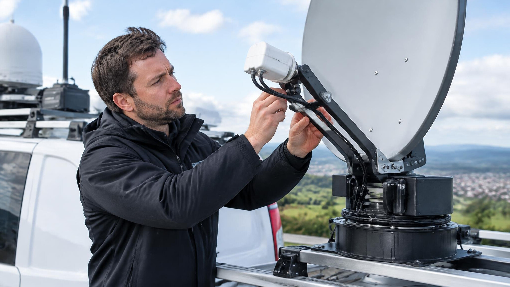 Technician adjusting satellite uplink equipment