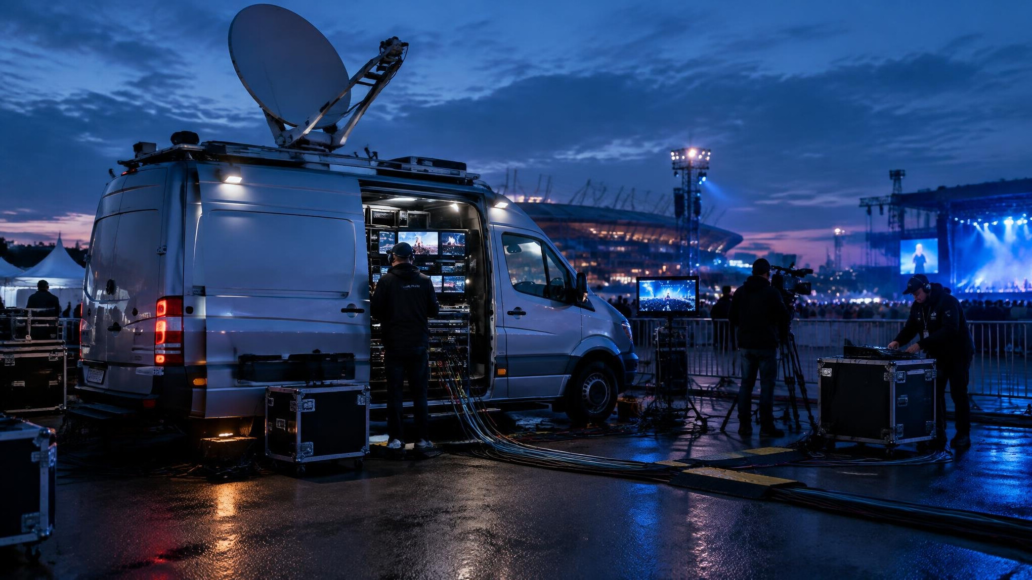 Outside broadcast van with cables at night