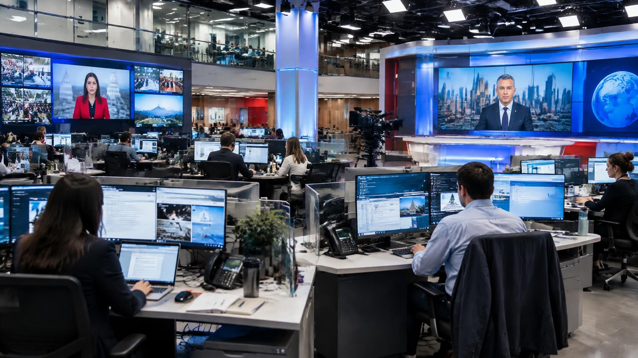 Newsroom with staff working at desks