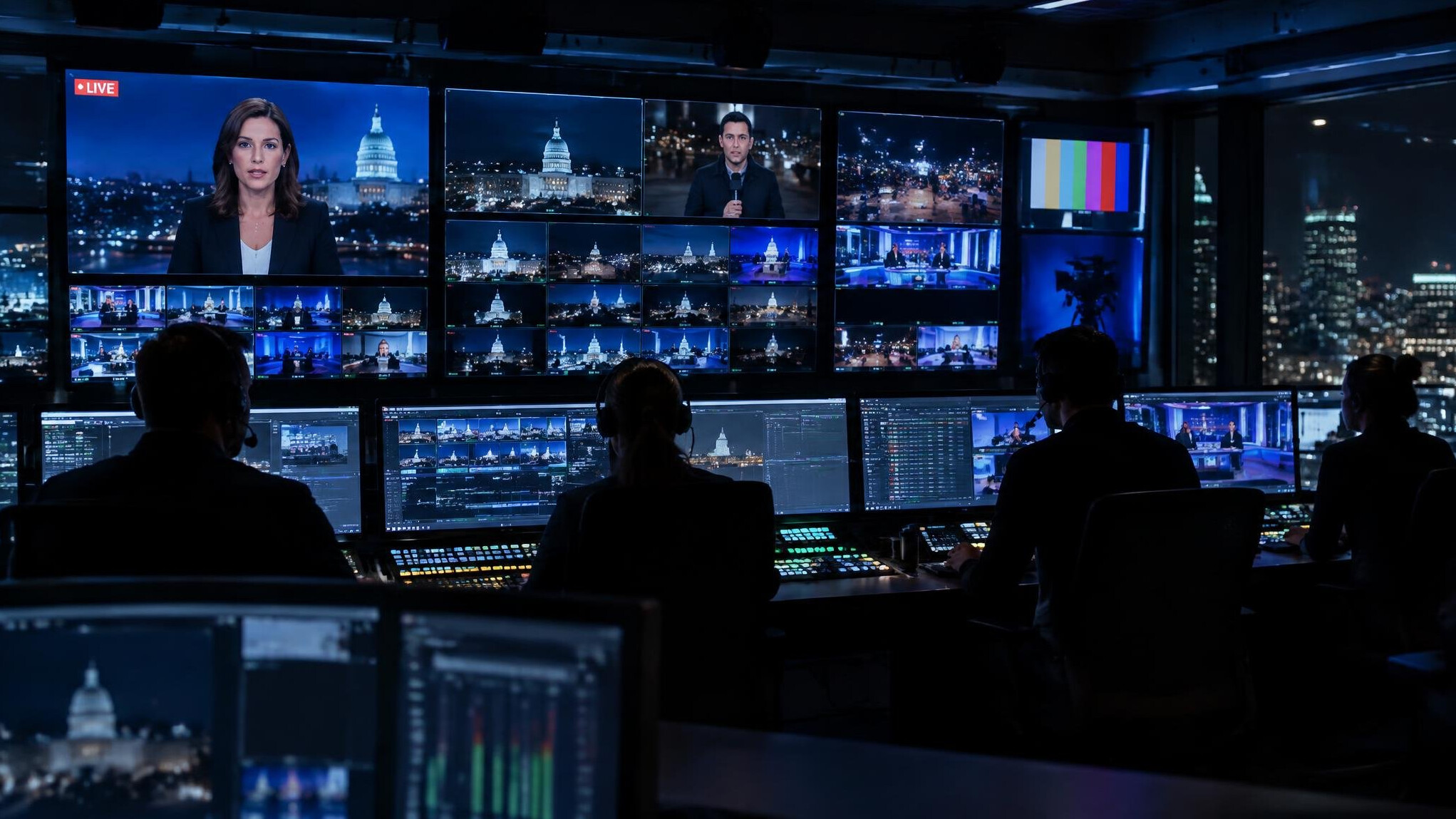 Broadcast control room with multiple live monitors